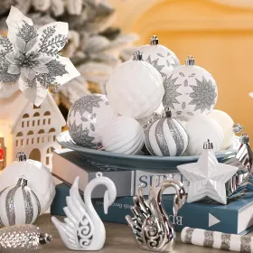 128pcs Christmas Balls Ornaments Set, Shatterproof Plastic Baubles Christmas Flowers, Ribbon Tree Topper For Xmas Tree Holiday Wedding Party Deco (Option: Silver)