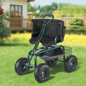 Rolling Garden Cart With Swivel Seat Backrest Toolbox Wheel Extendable Handle (Option: Green)