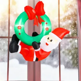 4ft Inflatable Santa Wreath Christmas Decor: 5 LED Lights (3 On Wreath/2 On Santa), IP44 Waterproof Polyester, 2 Hanging Ropes (Option: defaulttitle)